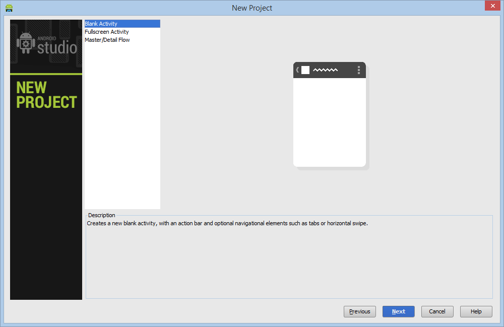 Selecting an Activity type in Android Studio