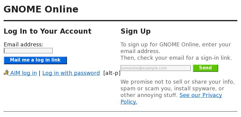 The GNOME Online Desktop Signup Web page