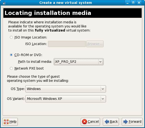 Selecting KVM virtual system configuration options for Windows XP