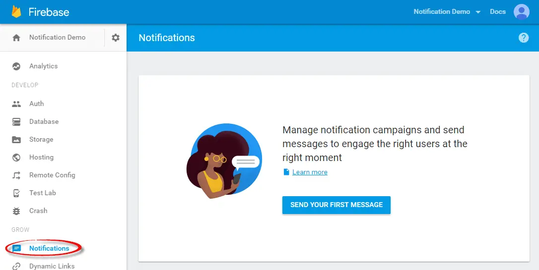 The Firebase Notifications home page