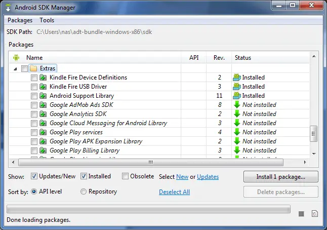 Checking the Android Support Library package is installed