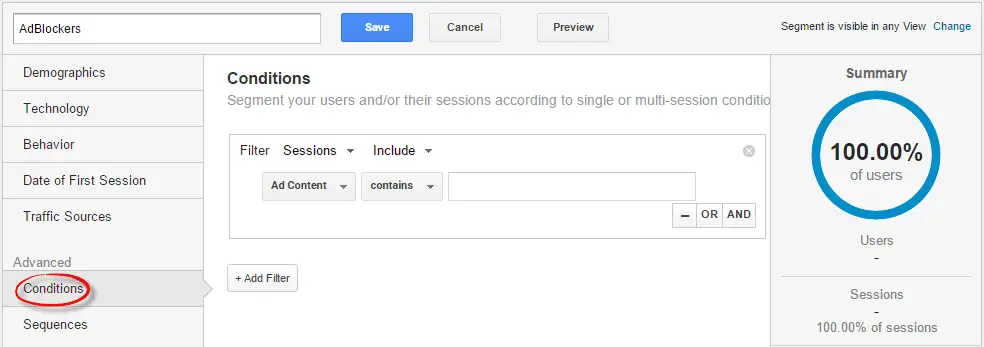 Creating the AdBlocker segment in Google Analytics