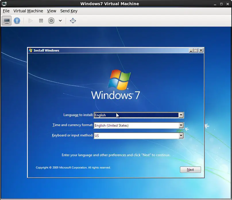 A Windows 7 guest running inside an RHEl 6 KVM virtual machine