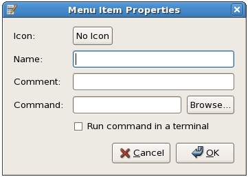 The CentOS menu properties dialog