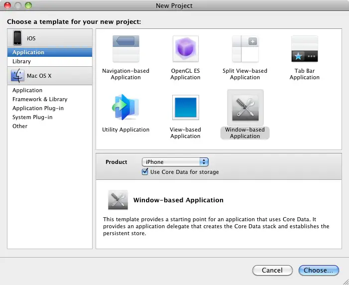 The Xcode new project window
