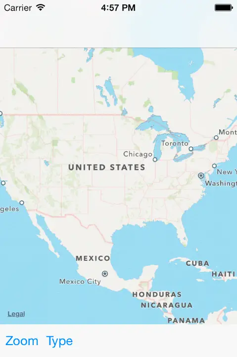 An iOS 7 MapView instance showing the United States