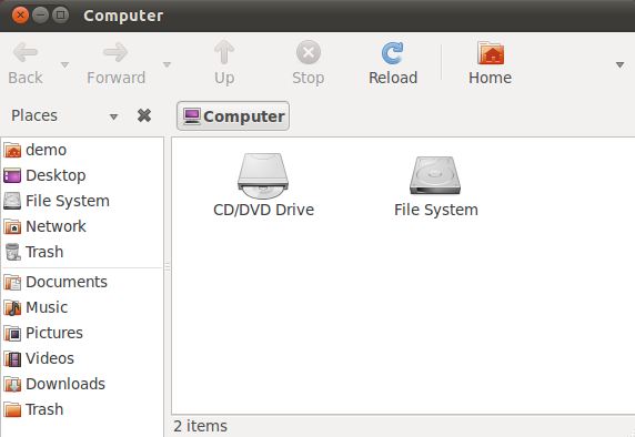 The Ubuntu 11.04 Unity File Manager Computer contents
