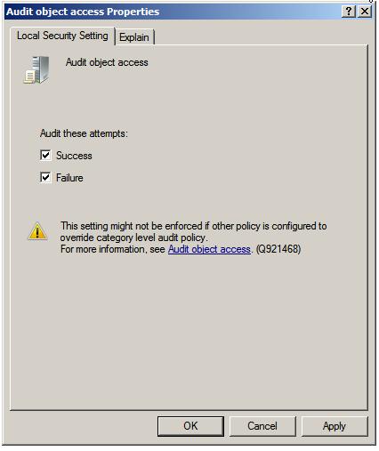 Setting the Audit Object Properties to enable file and folder access tracking