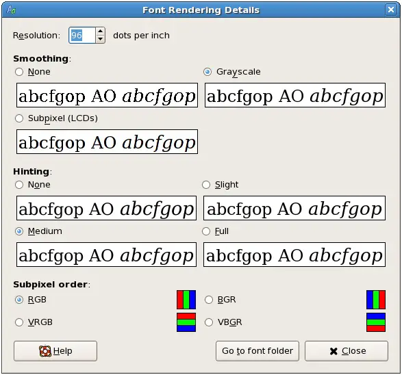 The RHEL GNOME Font Rendering dialog
