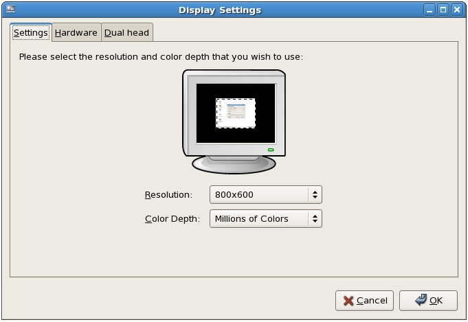The CentOS display settings screen