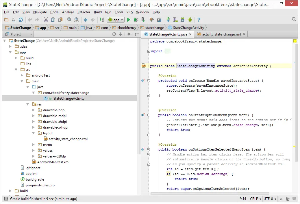 The Java source file for an Android Activity loaded into Android Studio