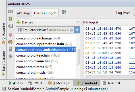 A list of currently running process in the Android Studio Android tool window