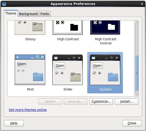 the RHEL 6 theme preferences window