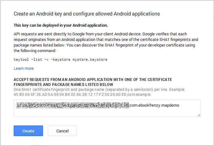Creating a new API key in the Google Developer Console