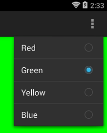 A checkable overflow menu created in Android Studio