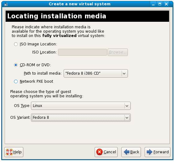 Selecting KVM virtual system configuration options