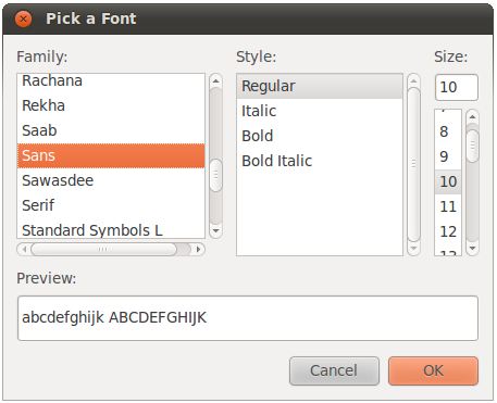 The Ubuntu 10.10 Pick a Font Dialog