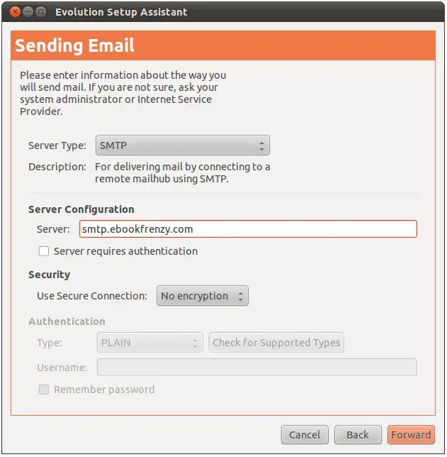 Configuring SMTP settings on Ubuntu 11.04 in Evolution
