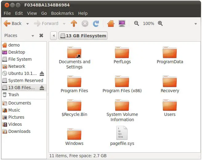 Ubuntu 10.10 file manager showing Windows file system