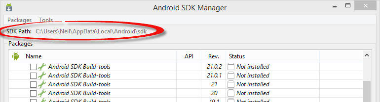 The Android SDK installation path