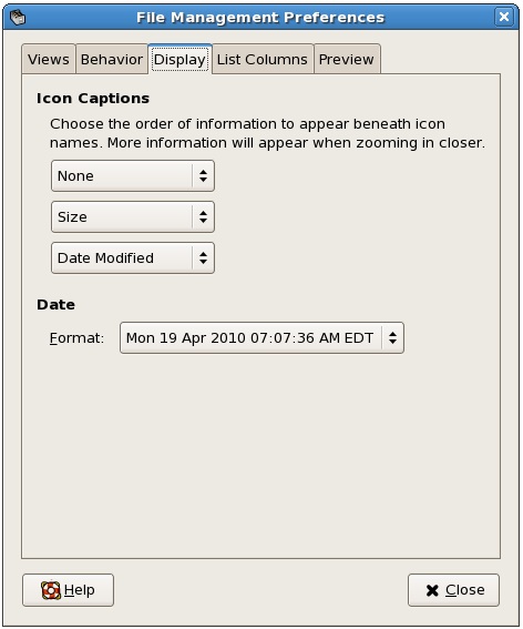 The Display page of the CentOS File Manager Preferences dialog