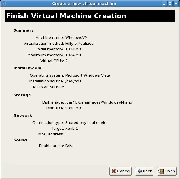The Summary screen for a Xen Full Virtualization Virtual Machine