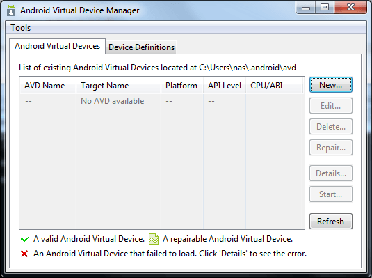 The Android Virtual Device Manager