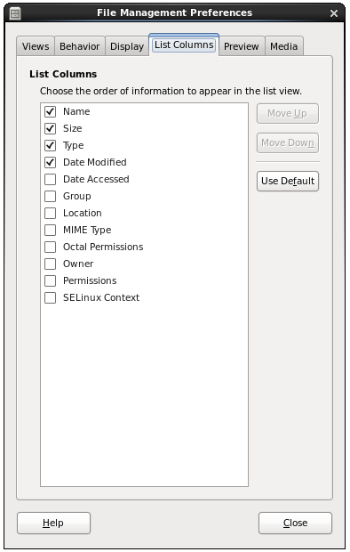 Configuring CentOS 6 file manager list columns