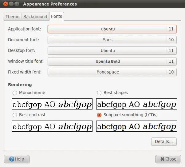 The font settings screen on Ubuntu 11.04 Unity