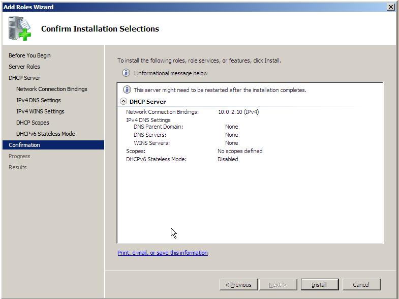 The DHCP Server Configuration Summary Screen