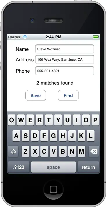 An iOS 4 iPhone Core Data Example App running