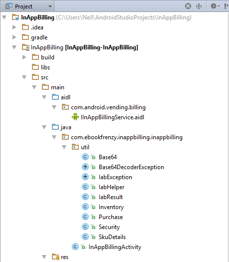 The hierarchy of a fully configured Android Studio in app billing project