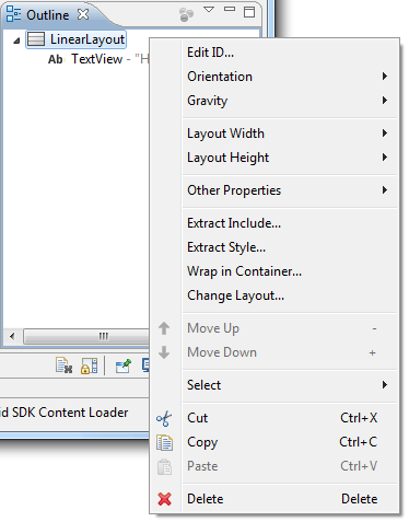 The Eclipse Outline context menu with option to change layout type