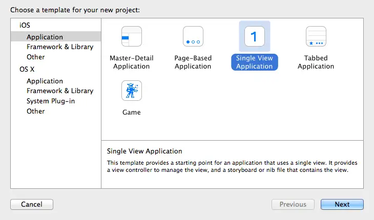 The Xcode 6 project template selection panel
