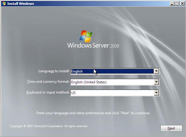 The initial Windows Server 2008 initial installation screen