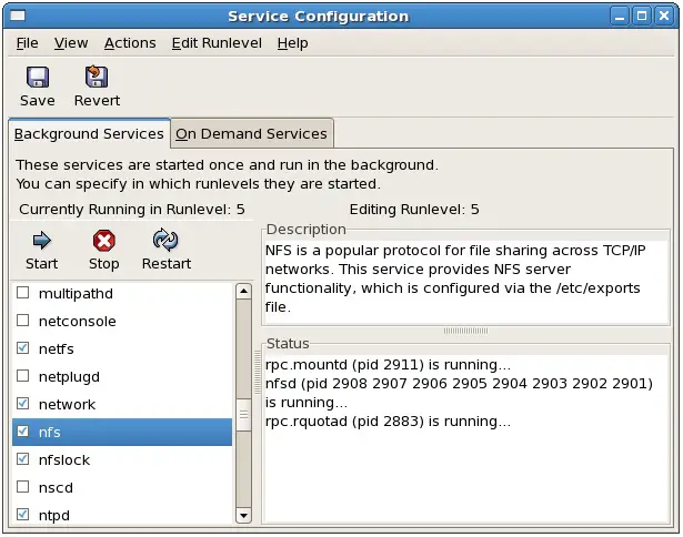 RHEL service configuration tool indicating NFS service is running