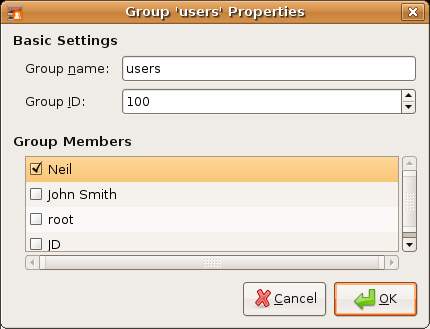 Ubuntu Linux Group Properties Dialog