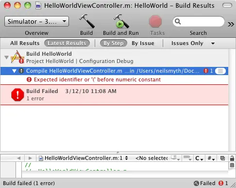 The Xcode Build Results Windows displaying a syntax error encountered during the build process