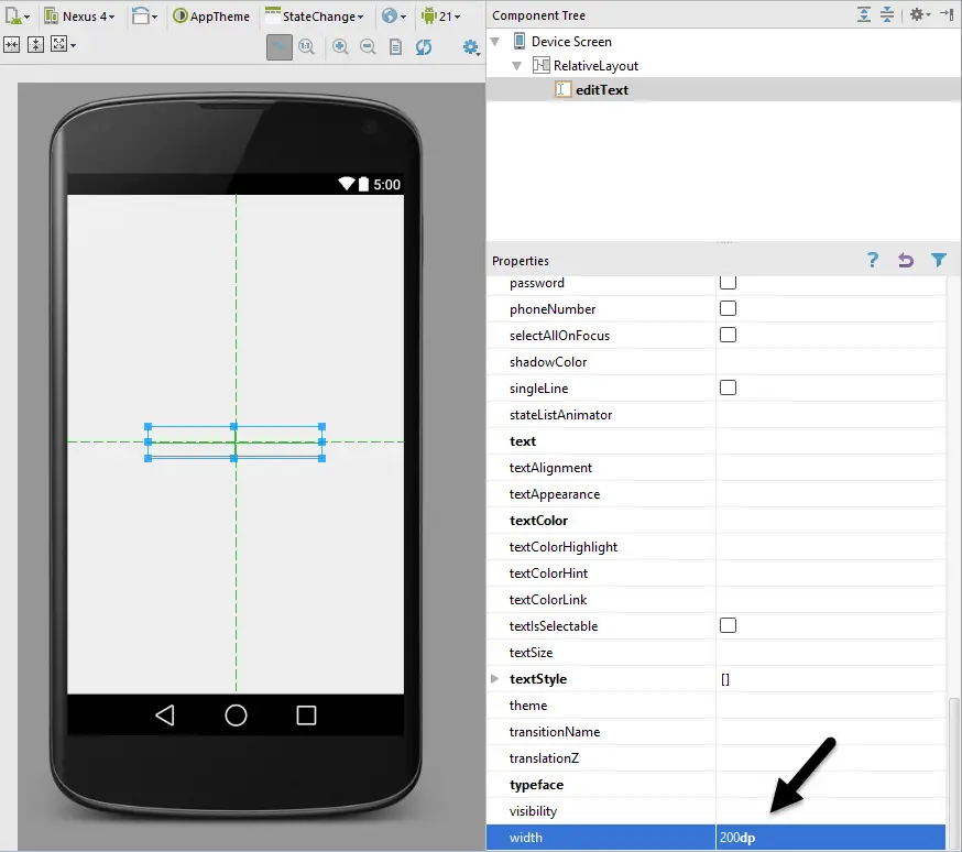 Setting a width property in the Android Studio Designer tool