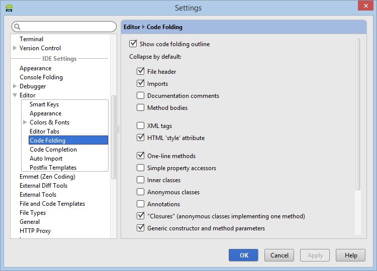Configuring Android Studio Code Folding Settings