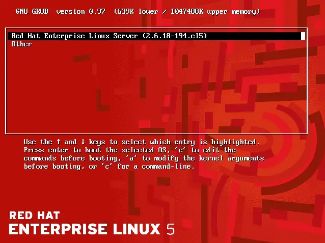 The RHEL boot menu with Red Hat Enterprise Linux and Windows boot options