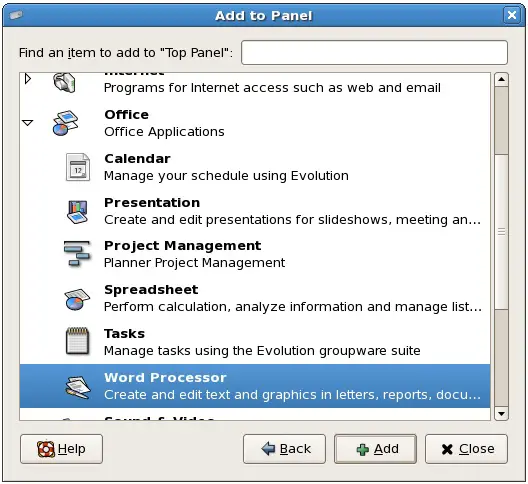 The CentOS GNOME Dekstop Add to Panel dialog