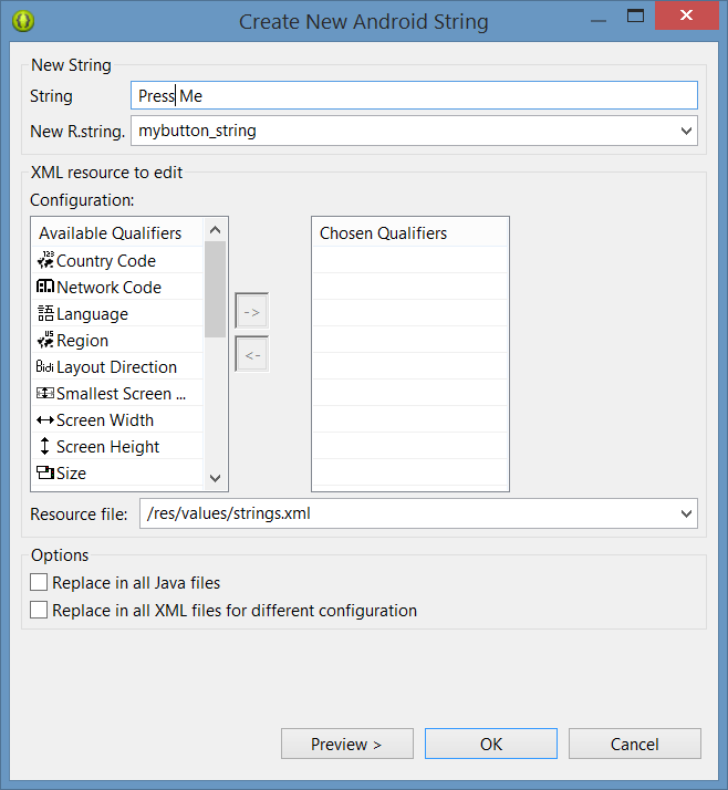 Creating an Android string resource in Eclipse