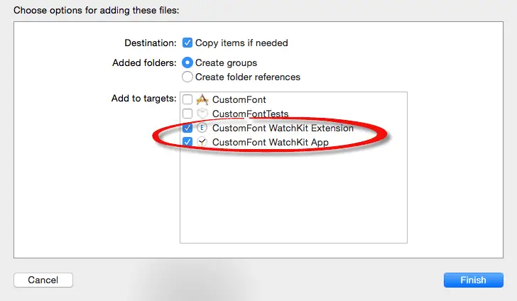 Adding the custom font to the WatchKit targets