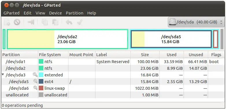 GParted running on Ubuntu 11.04
