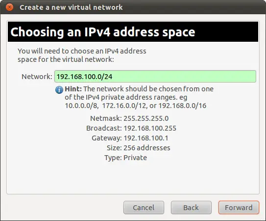 Configuring the address space for an Ubuntu 11.04 KVM virtual net
