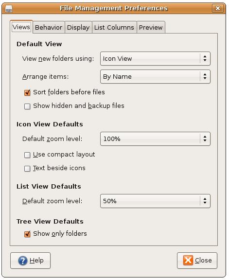 The File Management Preferences Dialog