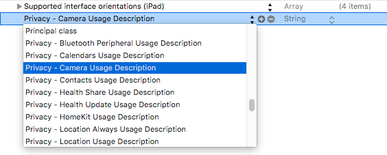 Xcode 8 ios 10 camera Access key.png