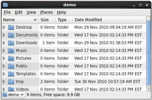 The RHEL 6 file manager in list mode