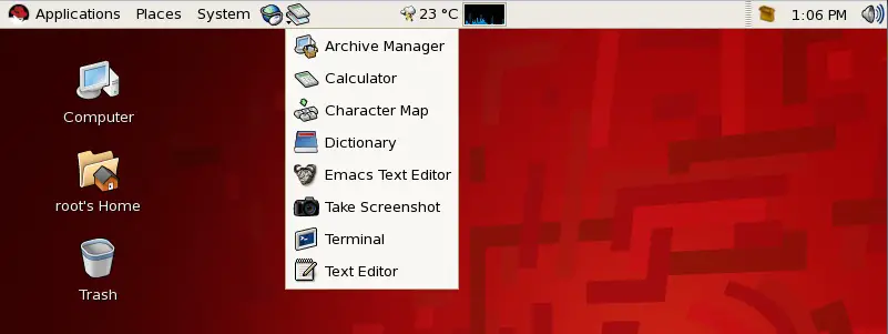 The Accessories menu added as a menu to the top panel of an RHEL desktop
